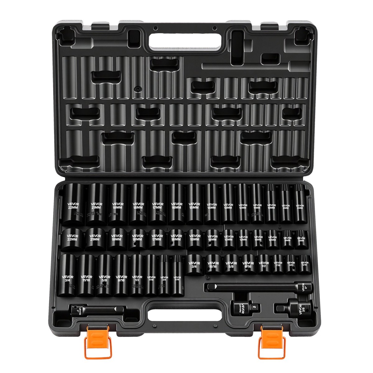 VEVOR Impact Socket Set, 3/8" Drive, 48-Piece Socket Set, 6-Point Sockets, SAE 5/16"-3/4" and Metric 8-19 mm, 21-22 mm, Easy to Identify, Cr-V Alloy Steel, Extension Bartorage, Adapter και S