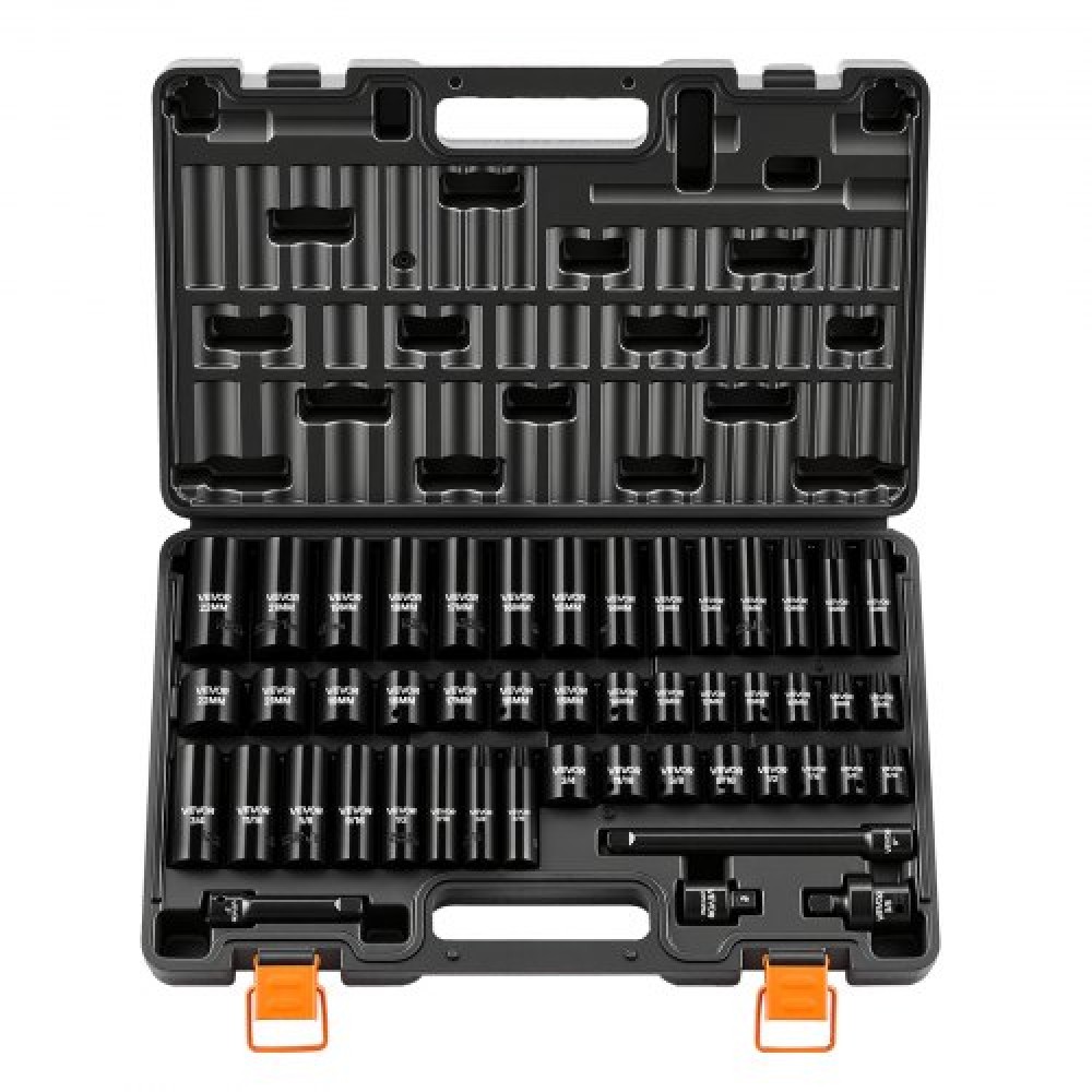 VEVOR Impact Socket Set, 3/8" Drive, 48-Piece Socket Set, 6-Point Sockets, SAE 5/16"-3/4" and Metric 8-19 mm, 21-22 mm, Easy to Identify, Cr-V Alloy Steel, Extension Bartorage, Adapter και S