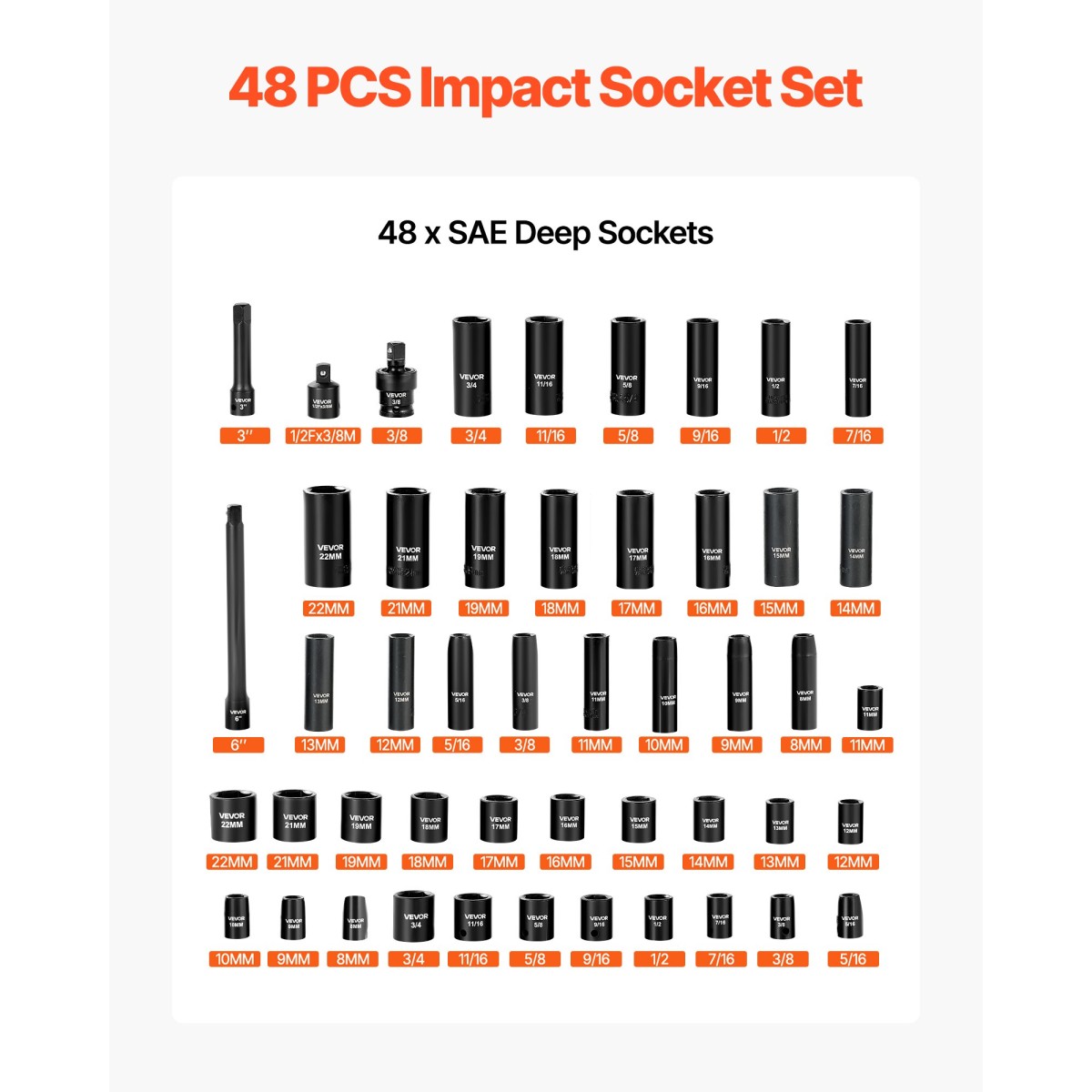VEVOR Impact Socket Set, 3/8" Drive, 48-Piece Socket Set, 6-Point Sockets, SAE 5/16"-3/4" and Metric 8-19 mm, 21-22 mm, Easy to Identify, Cr-V Alloy Steel, Extension Bartorage, Adapter και S