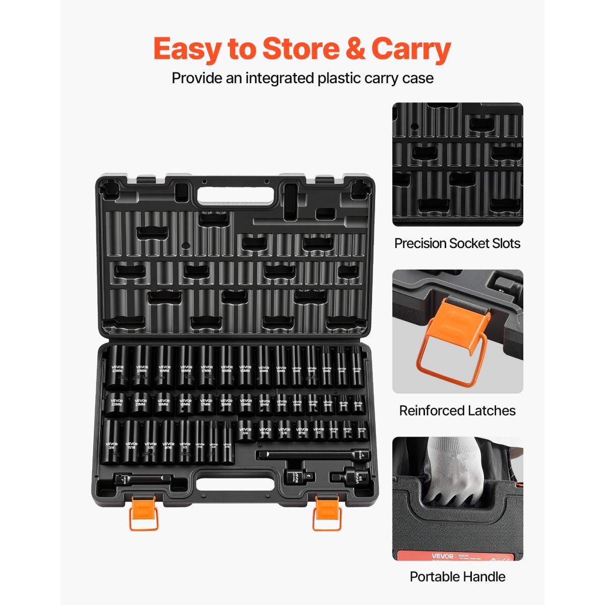 VEVOR Impact Socket Set, 3/8" Drive, 48-Piece Socket Set, 6-Point Sockets, SAE 5/16"-3/4" and Metric 8-19 mm, 21-22 mm, Easy to Identify, Cr-V Alloy Steel, Extension Bartorage, Adapter και S