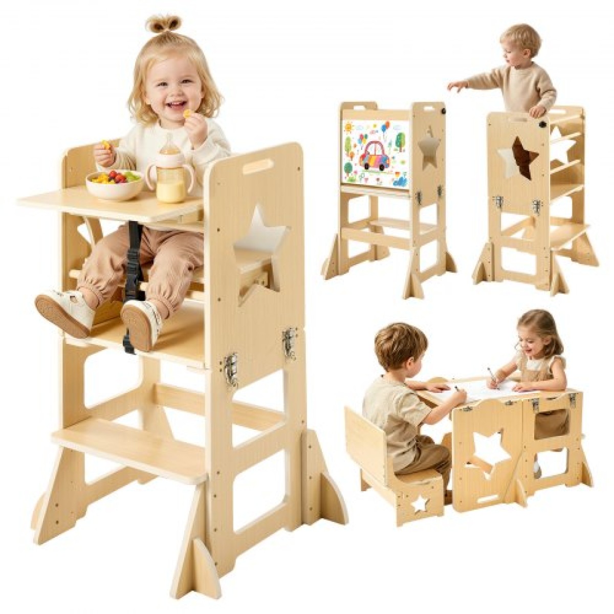 VEVOR Toddler Tower, Ξύλινο, 6 σε 1 Σκαμπό κουζίνας για παιδιά 1-5, Σετ τραπεζιού και καρέκλας απογαλακτισμού Montessori, Learning Standing Tower με μαυροπίνακα & δίσκο τροφοδοσίας, για πάγκο μπάνιου και κουζίνας