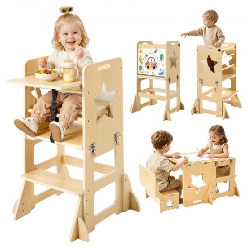 VEVOR Toddler Tower, Ξύλινο, 6 σε 1 Σκαμπό κουζίνας για παιδιά 1-5, Σετ τραπεζιού και καρέκλας απογαλακτισμού Montessori, Learning Standing Tower με μαυροπίνακα & δίσκο τροφοδοσίας, για πάγκο μπάνιου και κουζίνας