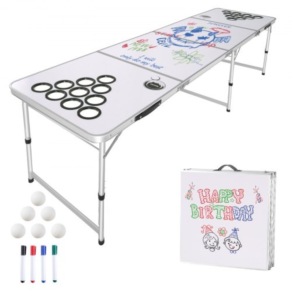 VEVOR 2,4 m Φορητό τραπέζι Beer Pong, Πτυσσόμενο τραπέζι πίσω πόρτας, τρύπες για φλιτζάνια, δείκτες ξηρής διαγραφής και λαβές μεταφοράς, ρυθμιζόμενο ύψος, ελαφρύ τραπέζι για γραφείο, πάρτι και κάμπινγκ πίσω πόρτας, λευκό