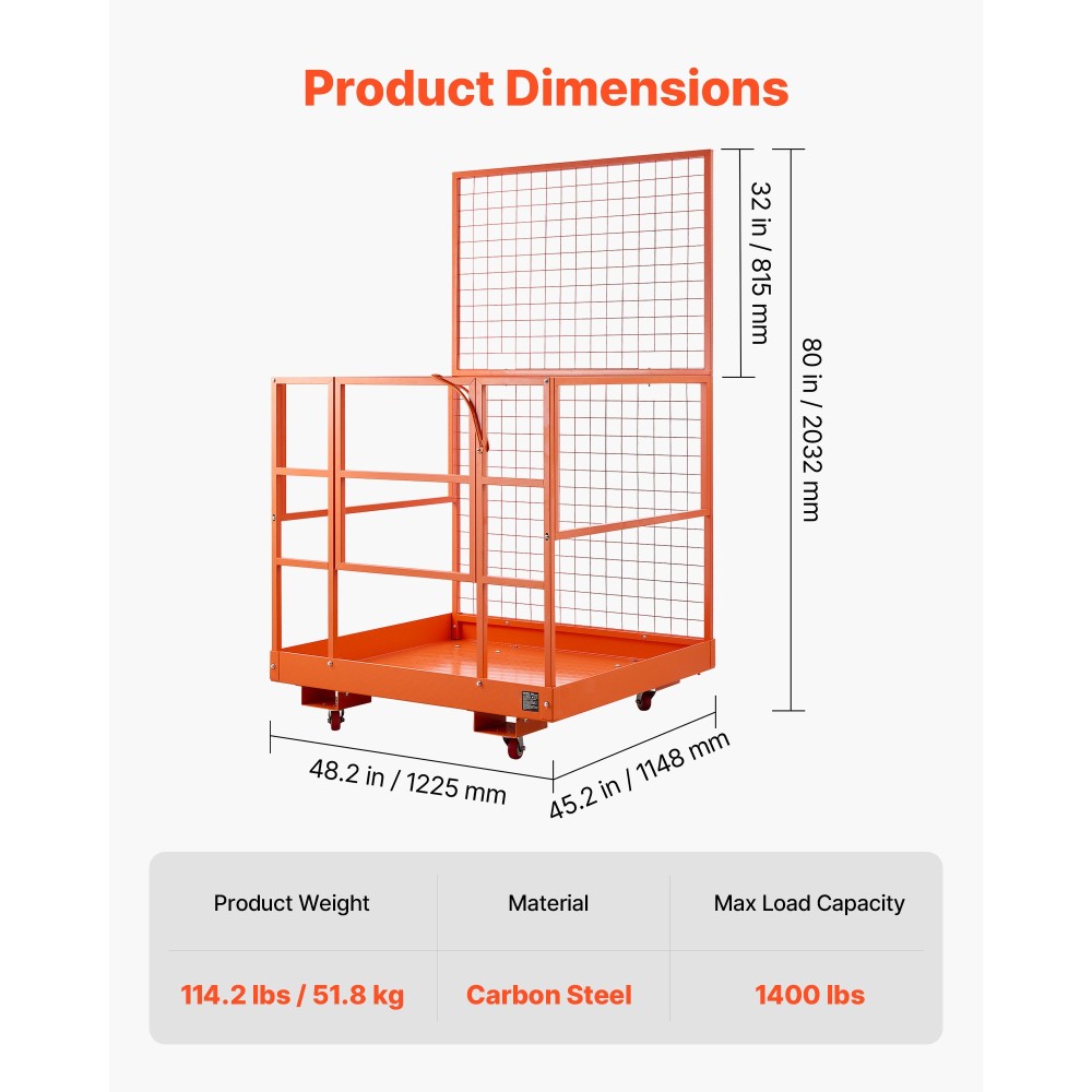 VEVOR Forklift Safety Cage, 1225 x 1148 mm, Heavy Duty Forklift Man Basket, 635,03 kg Πτυσσόμενο καλάθι ανύψωσης πλατφόρμας εργασίας χωρητικότητας με 4 τροχούς, κλειδαριά, οπή αποστράγγισης, για εναέριο φορτωτή ανύψωσης εργασίας