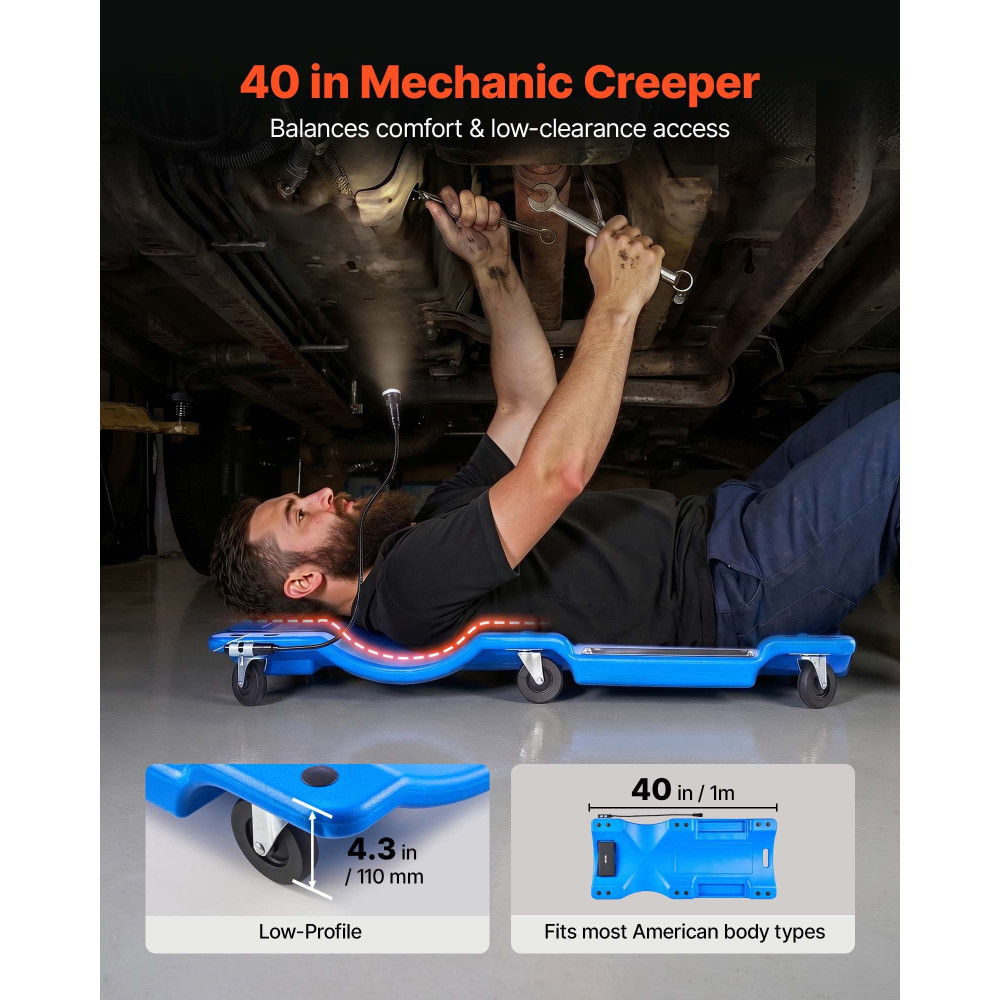 VEVOR 1m Mechanic Creeper με φως LED, Low Profile Plastic Garage Creeper, 158kg Under Car Rolling Creeper με 6 περιστρεφόμενους τροχούς, επενδεδυμένο προσκέφαλο και δίσκους εργαλείων για αυτόματη επισκευή