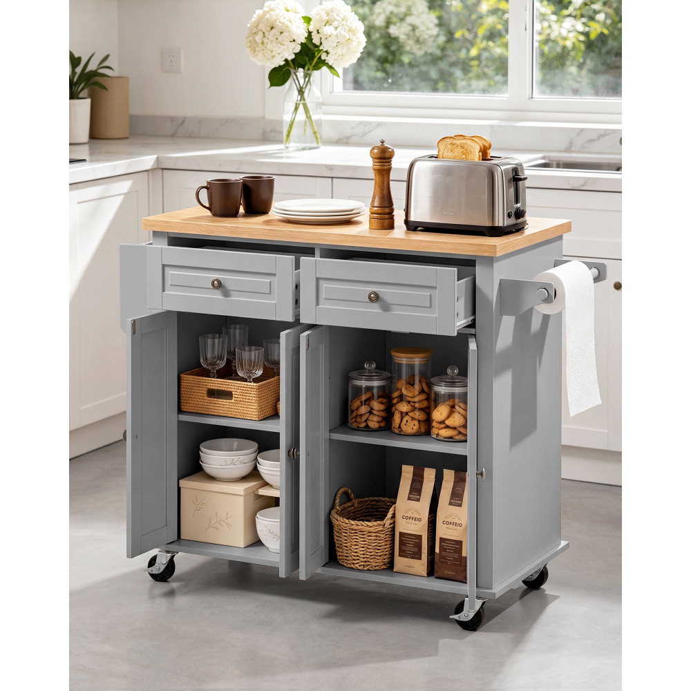 VEVOR Kitchen Island Cart with Storage, Mobile Rolling Storage Island πλάτους 1110 mm σε περιστρεφόμενους τροχούς, με 2 συρτάρια, ντουλάπι αποθήκευσης, ράφι μπαχαρικών/πετσετών, γάντζοι, τραπέζι για τραπεζαρία στο σπίτι, γκρι