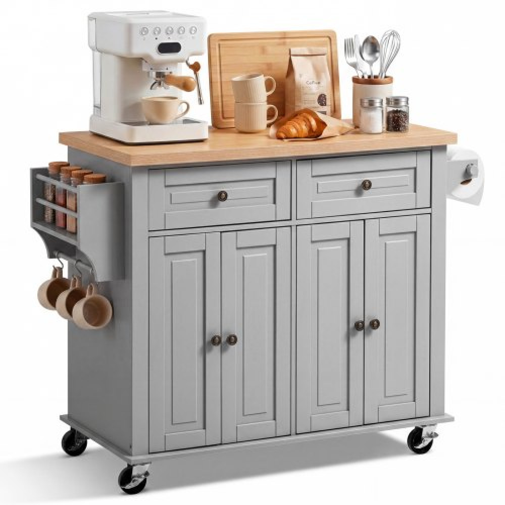 VEVOR Kitchen Island Cart with Storage, Mobile Rolling Storage Island πλάτους 1110 mm σε περιστρεφόμενους τροχούς, με 2 συρτάρια, ντουλάπι αποθήκευσης, ράφι μπαχαρικών/πετσετών, γάντζοι, τραπέζι για τραπεζαρία στο σπίτι, γκρι