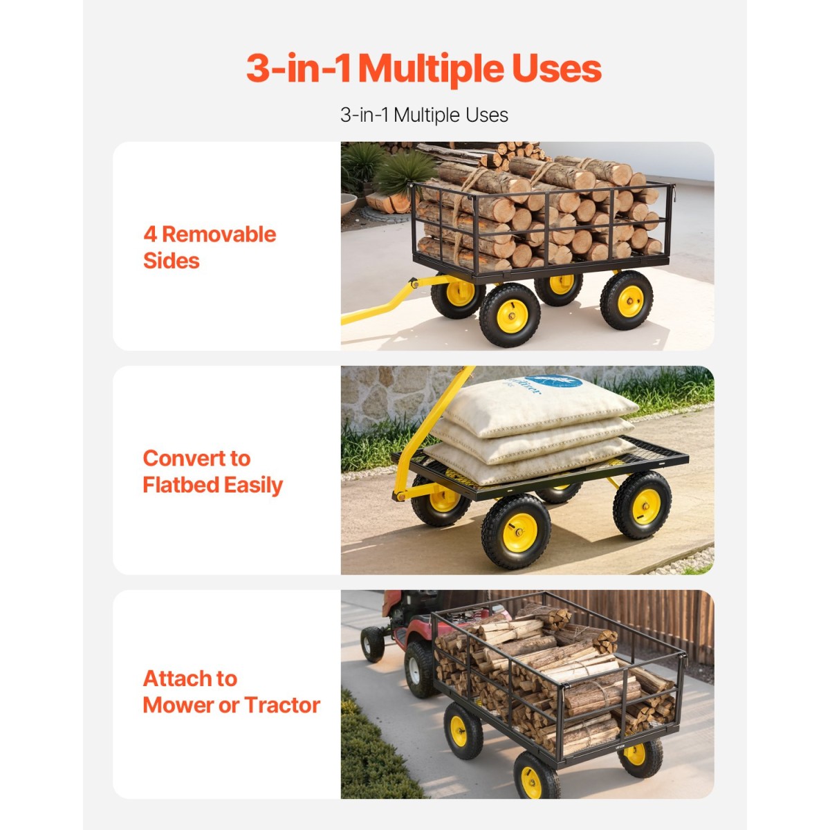 VEVOR Steel Garden Cart, 635 kg Heavy Duty Pullable Garden Wagon Yard Cart, 2 in 1 Outdoor Metal Utility Wagon Yard Trailer με ελαστικά παντός εδάφους 330 mm, αποσπώμενες πλευρές πλέγματος & περιστρεφόμενη λαβή 180°