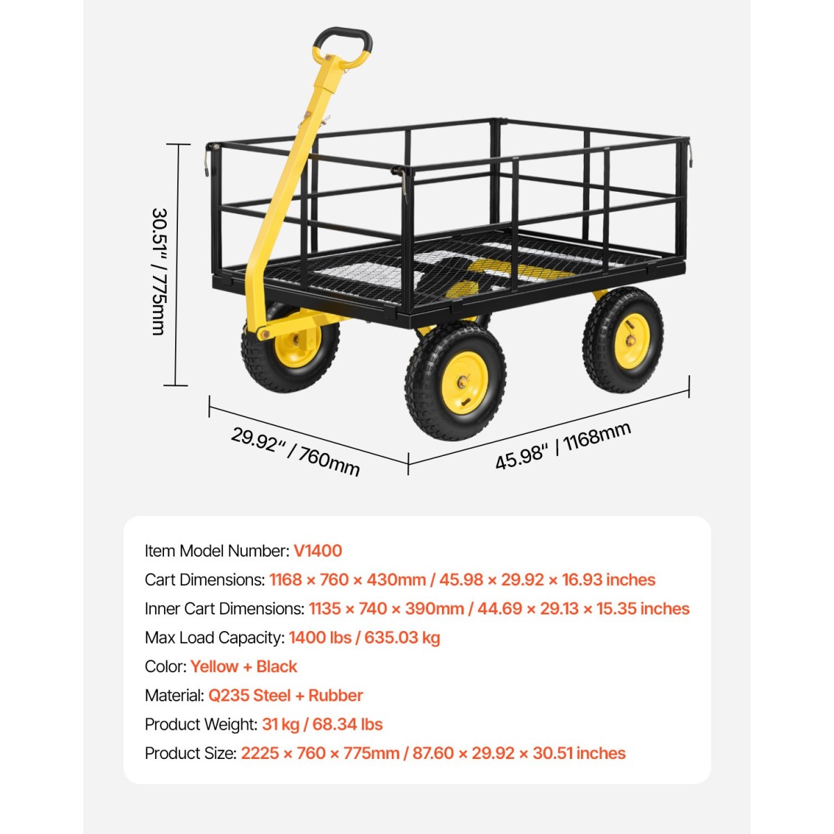 VEVOR Steel Garden Cart, 635 kg Heavy Duty Pullable Garden Wagon Yard Cart, 2 in 1 Outdoor Metal Utility Wagon Yard Trailer με ελαστικά παντός εδάφους 330 mm, αποσπώμενες πλευρές πλέγματος & περιστρεφόμενη λαβή 180°
