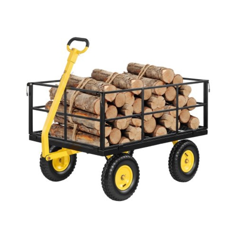 VEVOR Steel Garden Cart, 635 kg Heavy Duty Pullable Garden Wagon Yard Cart, 2 in 1 Outdoor Metal Utility Wagon Yard Trailer με ελαστικά παντός εδάφους 330 mm, αποσπώμενες πλευρές πλέγματος & περιστρεφόμενη λαβή 180°