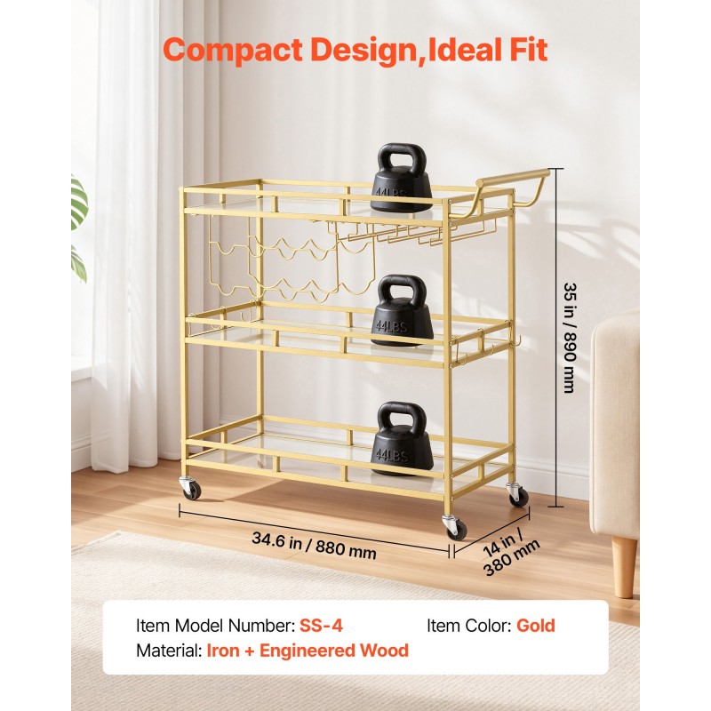 VEVOR Bar Cart, 3 επιπέδων, καρότσια σερβιρίσματος κουζίνας για το σπίτι, μοντέρνο κυλιόμενο βοηθητικό σταθμό σε ρόδες, τρόλεϊ ποτών με ράφια από γυαλί σκληρυμένο, ράφι κρασιού, ποτηροθήκη, για σαλόνι τραπεζαρία, χρυσό
