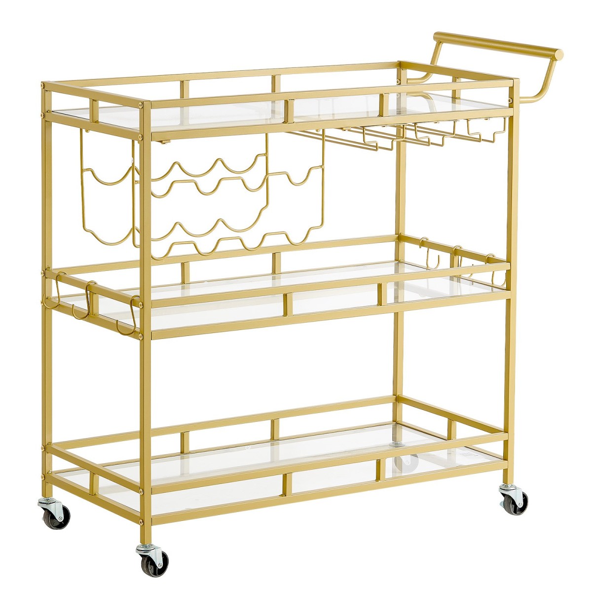 VEVOR Bar Cart, 3 επιπέδων, καρότσια σερβιρίσματος κουζίνας για το σπίτι, μοντέρνο κυλιόμενο βοηθητικό σταθμό σε ρόδες, τρόλεϊ ποτών με ράφια από γυαλί σκληρυμένο, ράφι κρασιού, ποτηροθήκη, για σαλόνι τραπεζαρία, χρυσό