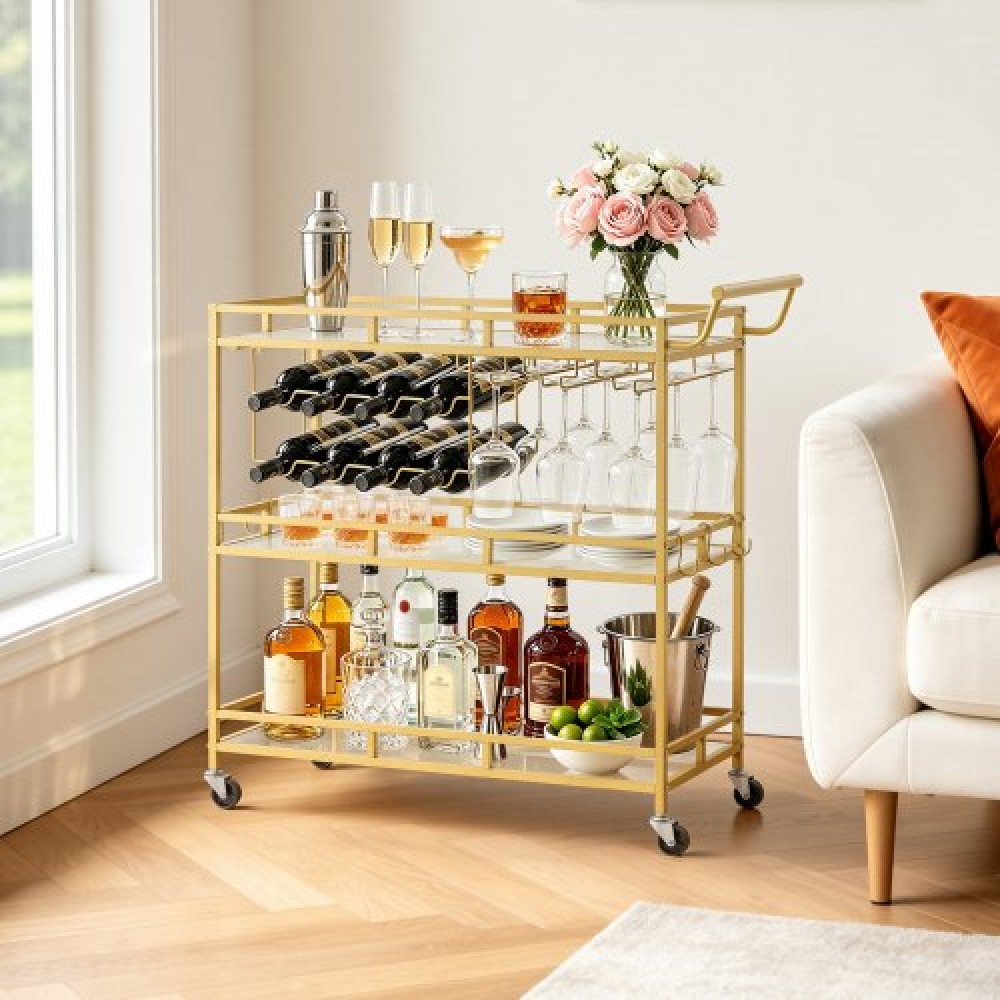 VEVOR Bar Cart, 3 επιπέδων, καρότσια σερβιρίσματος κουζίνας για το σπίτι, μοντέρνο κυλιόμενο βοηθητικό σταθμό σε ρόδες, τρόλεϊ ποτών με ράφια από γυαλί σκληρυμένο, ράφι κρασιού, ποτηροθήκη, για σαλόνι τραπεζαρία, χρυσό