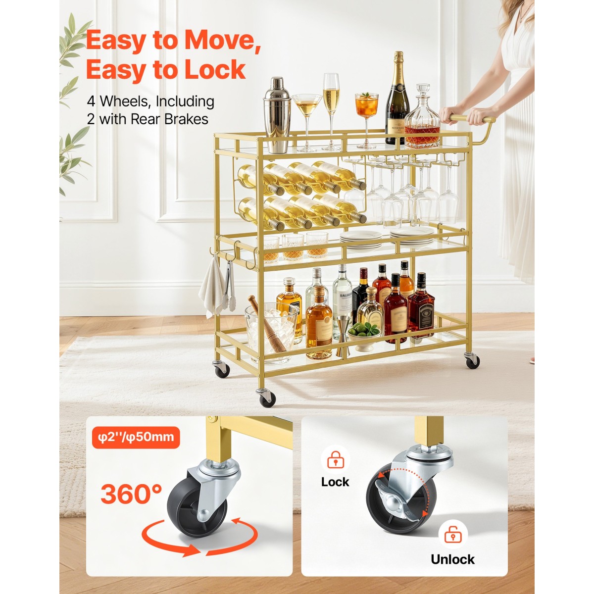 VEVOR Bar Cart, 3 επιπέδων, καρότσια σερβιρίσματος κουζίνας για το σπίτι, μοντέρνο κυλιόμενο βοηθητικό σταθμό σε ρόδες, τρόλεϊ ποτών με ράφια από γυαλί σκληρυμένο, ράφι κρασιού, ποτηροθήκη, για σαλόνι τραπεζαρία, χρυσό