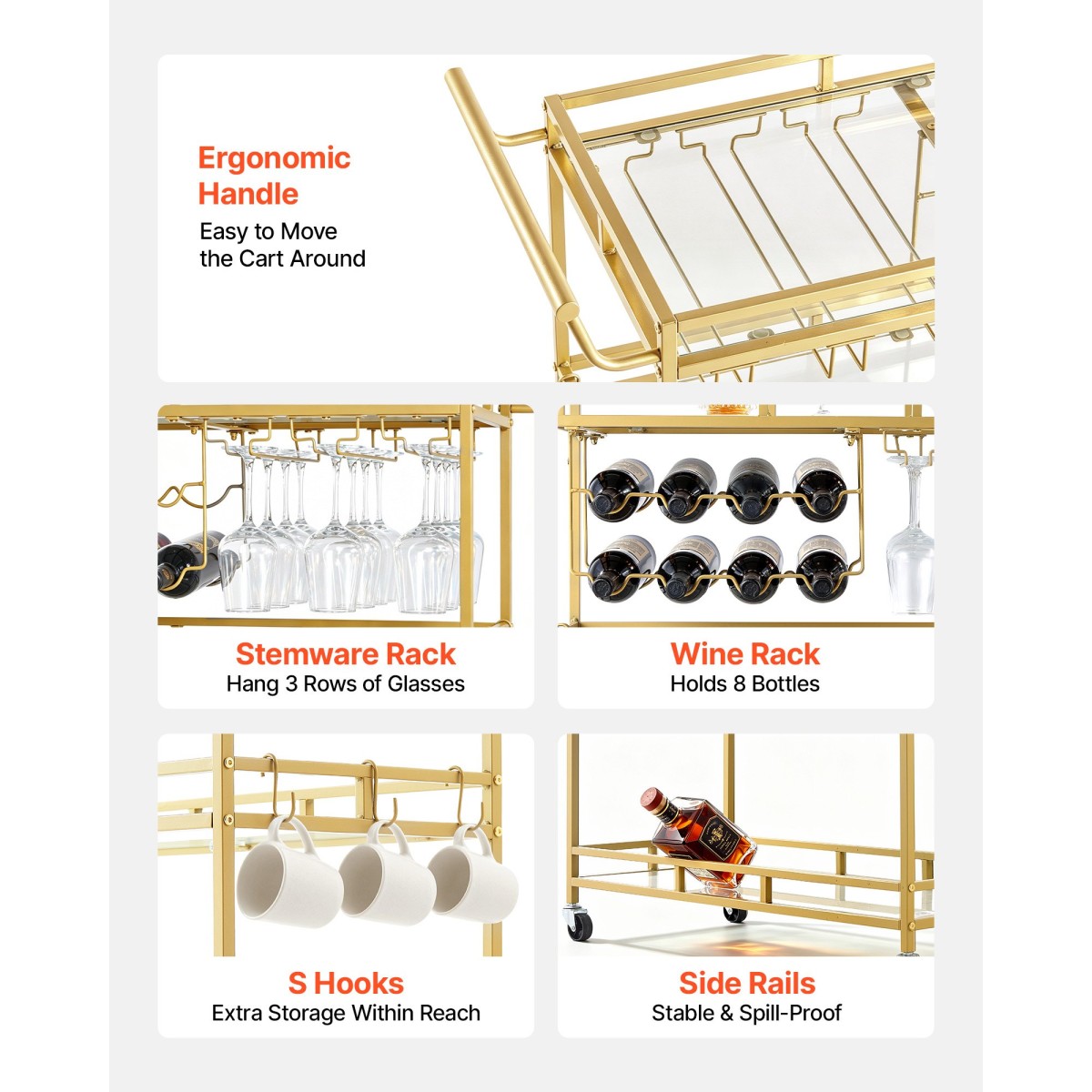 VEVOR Bar Cart, 3 επιπέδων, καρότσια σερβιρίσματος κουζίνας για το σπίτι, μοντέρνο κυλιόμενο βοηθητικό σταθμό σε ρόδες, τρόλεϊ ποτών με ράφια από γυαλί σκληρυμένο, ράφι κρασιού, ποτηροθήκη, για σαλόνι τραπεζαρία, χρυσό