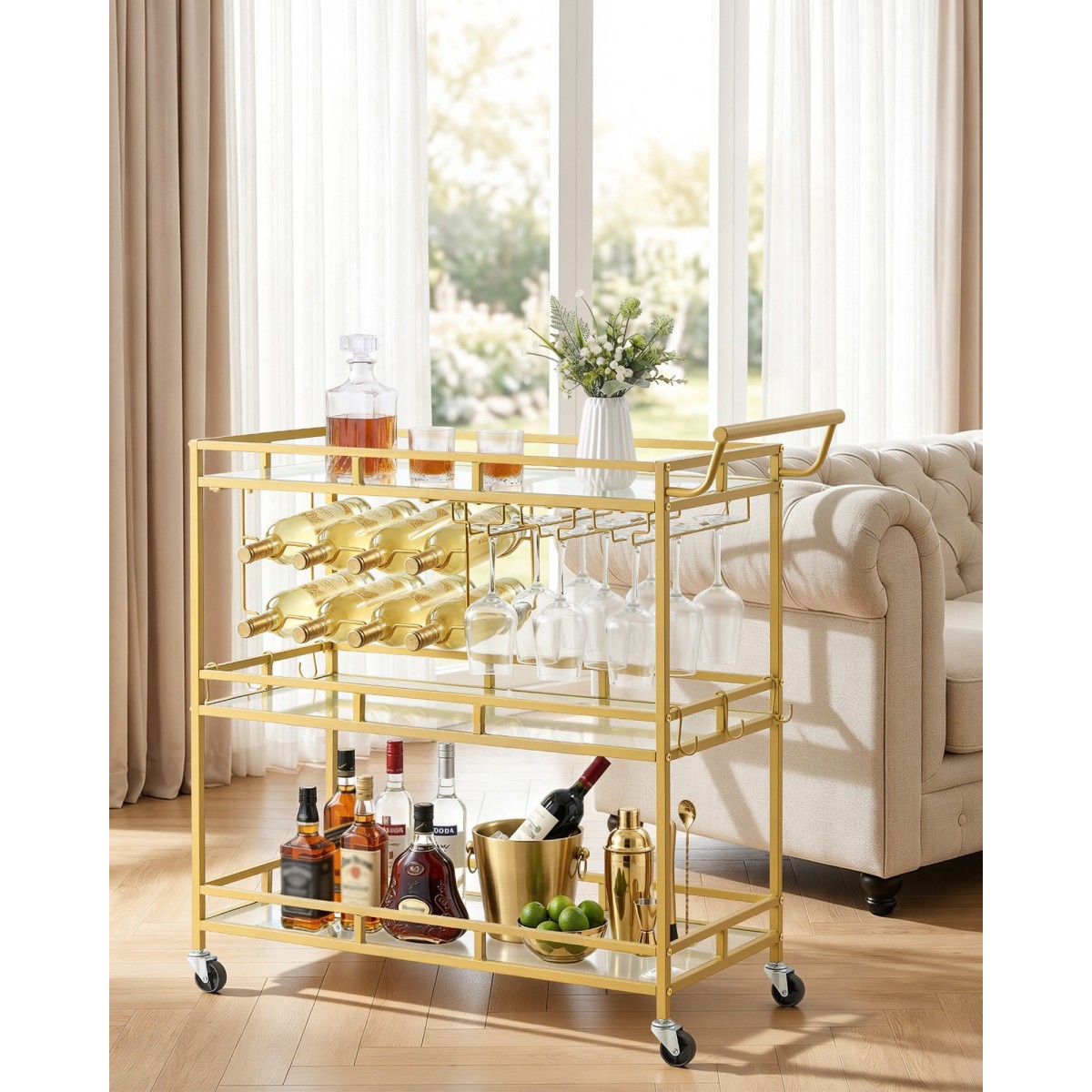 VEVOR Bar Cart, 3 επιπέδων, καρότσια σερβιρίσματος κουζίνας για το σπίτι, μοντέρνο κυλιόμενο βοηθητικό σταθμό σε ρόδες, τρόλεϊ ποτών με ράφια από γυαλί σκληρυμένο, ράφι κρασιού, ποτηροθήκη, για σαλόνι τραπεζαρία, χρυσό