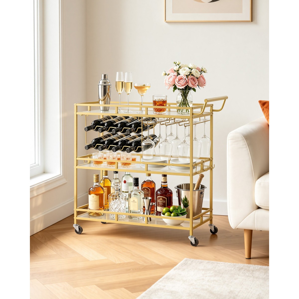 VEVOR Bar Cart, 3 επιπέδων, καρότσια σερβιρίσματος κουζίνας για το σπίτι, μοντέρνο κυλιόμενο βοηθητικό σταθμό σε ρόδες, τρόλεϊ ποτών με ράφια από γυαλί σκληρυμένο, ράφι κρασιού, ποτηροθήκη, για σαλόνι τραπεζαρία, χρυσό