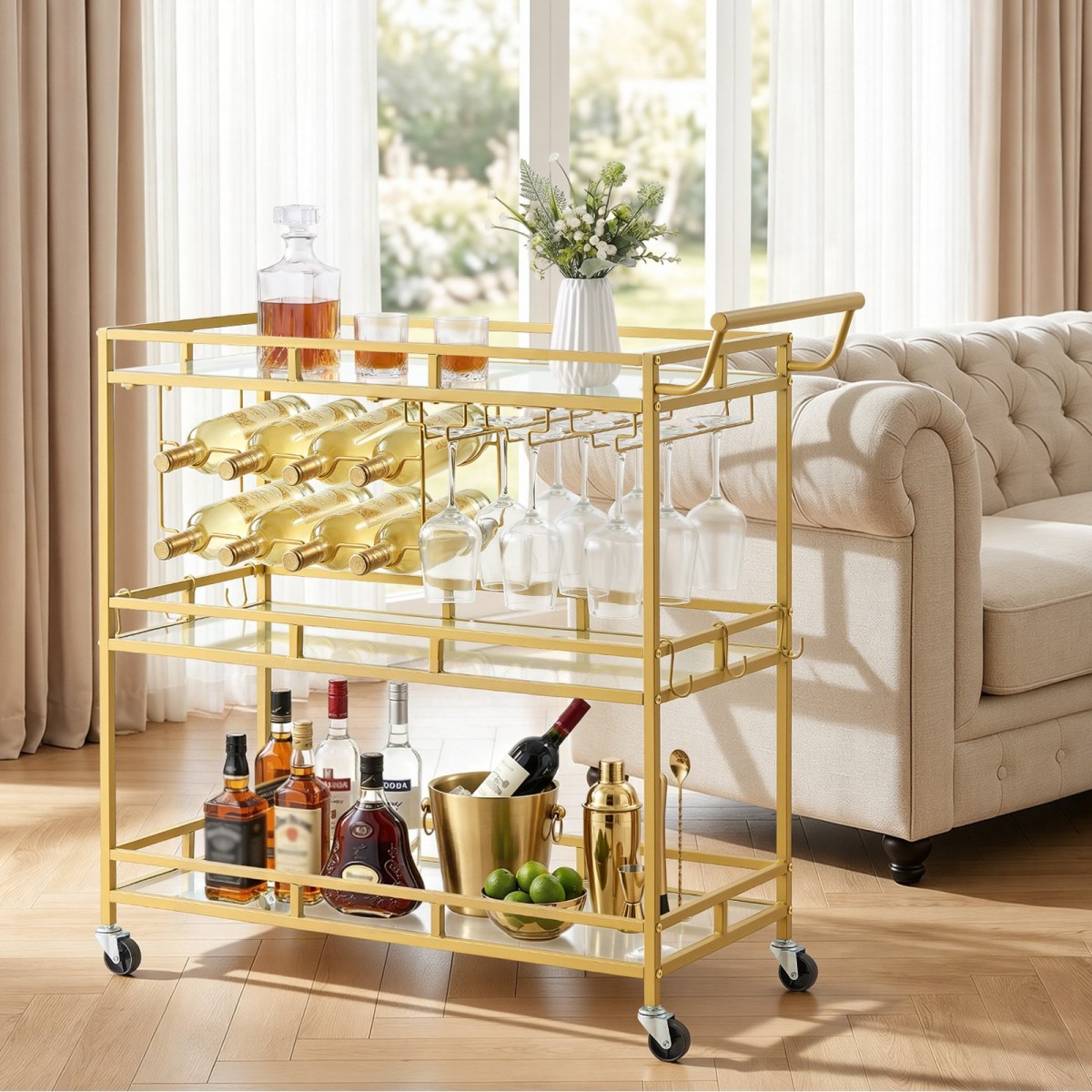 VEVOR Bar Cart, 3 επιπέδων, καρότσια σερβιρίσματος κουζίνας για το σπίτι, μοντέρνο κυλιόμενο βοηθητικό σταθμό σε ρόδες, τρόλεϊ ποτών με ράφια από γυαλί σκληρυμένο, ράφι κρασιού, ποτηροθήκη, για σαλόνι τραπεζαρία, χρυσό