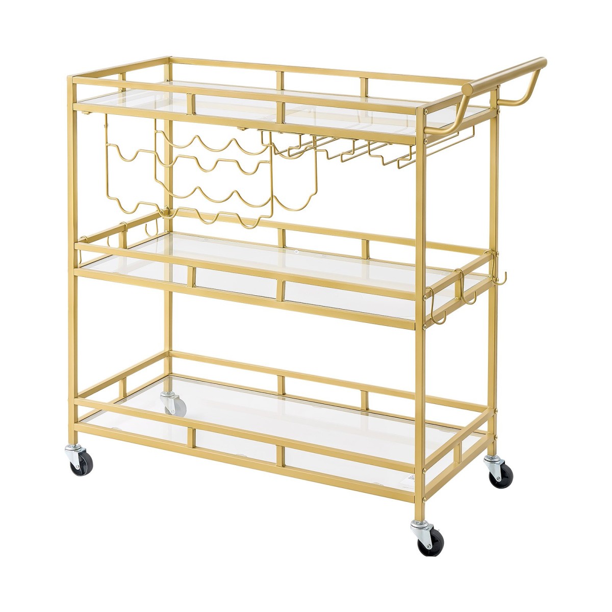 VEVOR Bar Cart, 3 επιπέδων, καρότσια σερβιρίσματος κουζίνας για το σπίτι, μοντέρνο κυλιόμενο βοηθητικό σταθμό σε ρόδες, τρόλεϊ ποτών με ράφια από γυαλί σκληρυμένο, ράφι κρασιού, ποτηροθήκη, για σαλόνι τραπεζαρία, χρυσό