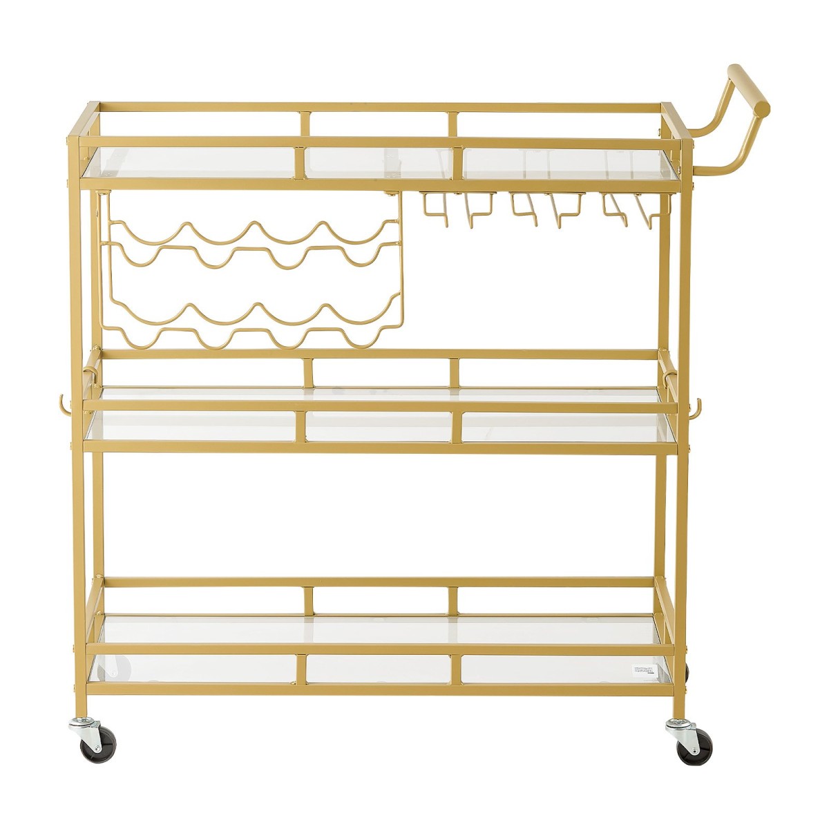 VEVOR Bar Cart, 3 επιπέδων, καρότσια σερβιρίσματος κουζίνας για το σπίτι, μοντέρνο κυλιόμενο βοηθητικό σταθμό σε ρόδες, τρόλεϊ ποτών με ράφια από γυαλί σκληρυμένο, ράφι κρασιού, ποτηροθήκη, για σαλόνι τραπεζαρία, χρυσό