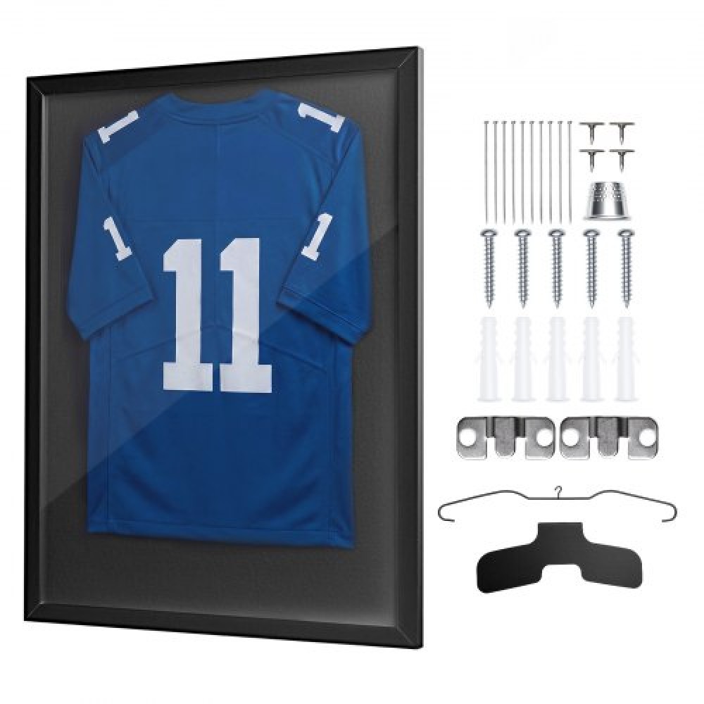 Θήκη οθόνης VEVOR Jersey Frame, 90 x 70 x 3 cm, Ξύλινο Sport Jersey Shadow Box με 98% προστασία από υπεριώδη ακτινοβολία για υπολογιστή και κρεμάστρα, για μπάσκετ μπάσκετ μπάσκετ ποδοσφαιρικό μπλουζάκι αθλητικό και στολή, μαύρο