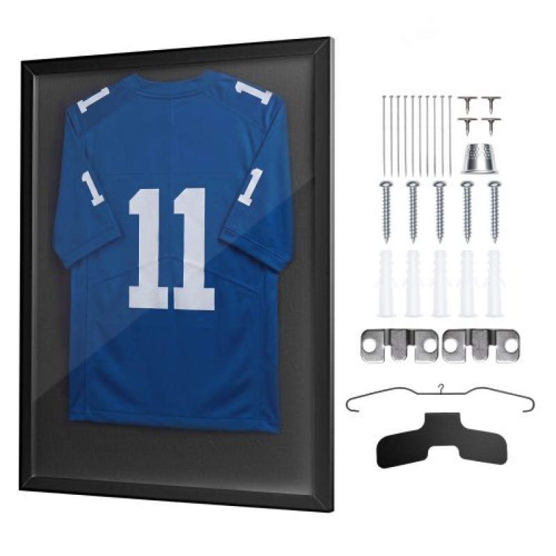 Θήκη οθόνης VEVOR Jersey Frame, 90 x 70 x 3 cm, Ξύλινο Sport Jersey Shadow Box με 98% προστασία από υπεριώδη ακτινοβολία για υπολογιστή και κρεμάστρα, για μπάσκετ μπάσκετ μπάσκετ ποδοσφαιρικό μπλουζάκι αθλητικό και στολή, μαύρο