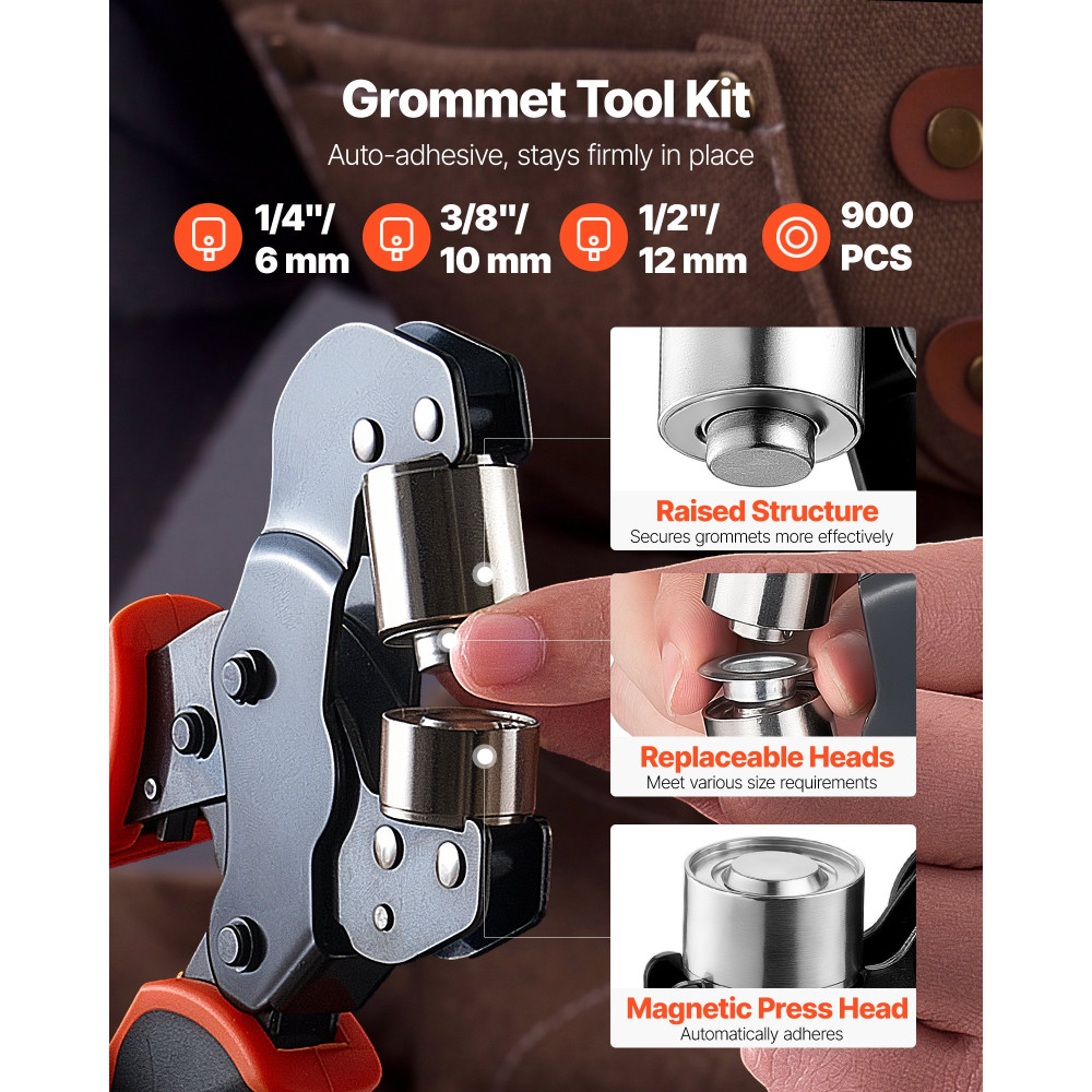 VEVOR Grommet Tool Kit 6 mm 10 mm 12 mm 900 PCS Grommet Eyelet Tool Kit, με οπές και ροδέλες, χειροκίνητη πένσα πρέσας, εργαλεία διάτρησης οπών, μπλοκ, για δέρμα, μουσαμάδες, παπούτσια, χειροτεχνία, ύφασμα