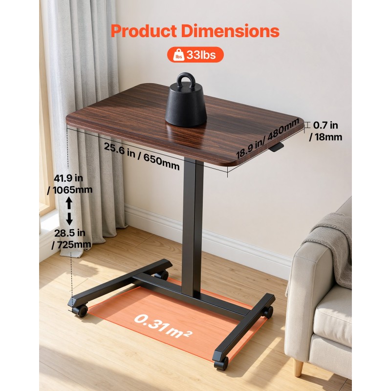 Γραφείο VEVOR Standing Desk, Ρυθμιζόμενο ύψος Κινητό Stand Up Desk με 4 Ροδάκια, 650 x 480 mm Μικρό Σταθμό Εργασίας με Γάντζο, Χωρητικότητα 15 kg, Ιδανικό για οικιακό γραφείο, Καφέ