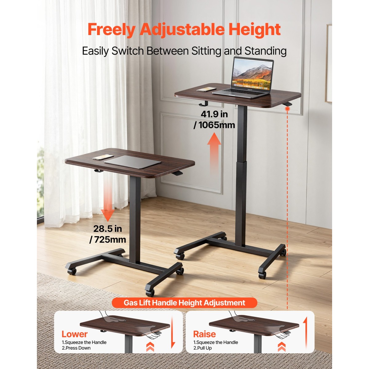 Γραφείο VEVOR Standing Desk, Ρυθμιζόμενο ύψος Κινητό Stand Up Desk με 4 Ροδάκια, 650 x 480 mm Μικρό Σταθμό Εργασίας με Γάντζο, Χωρητικότητα 15 kg, Ιδανικό για οικιακό γραφείο, Καφέ