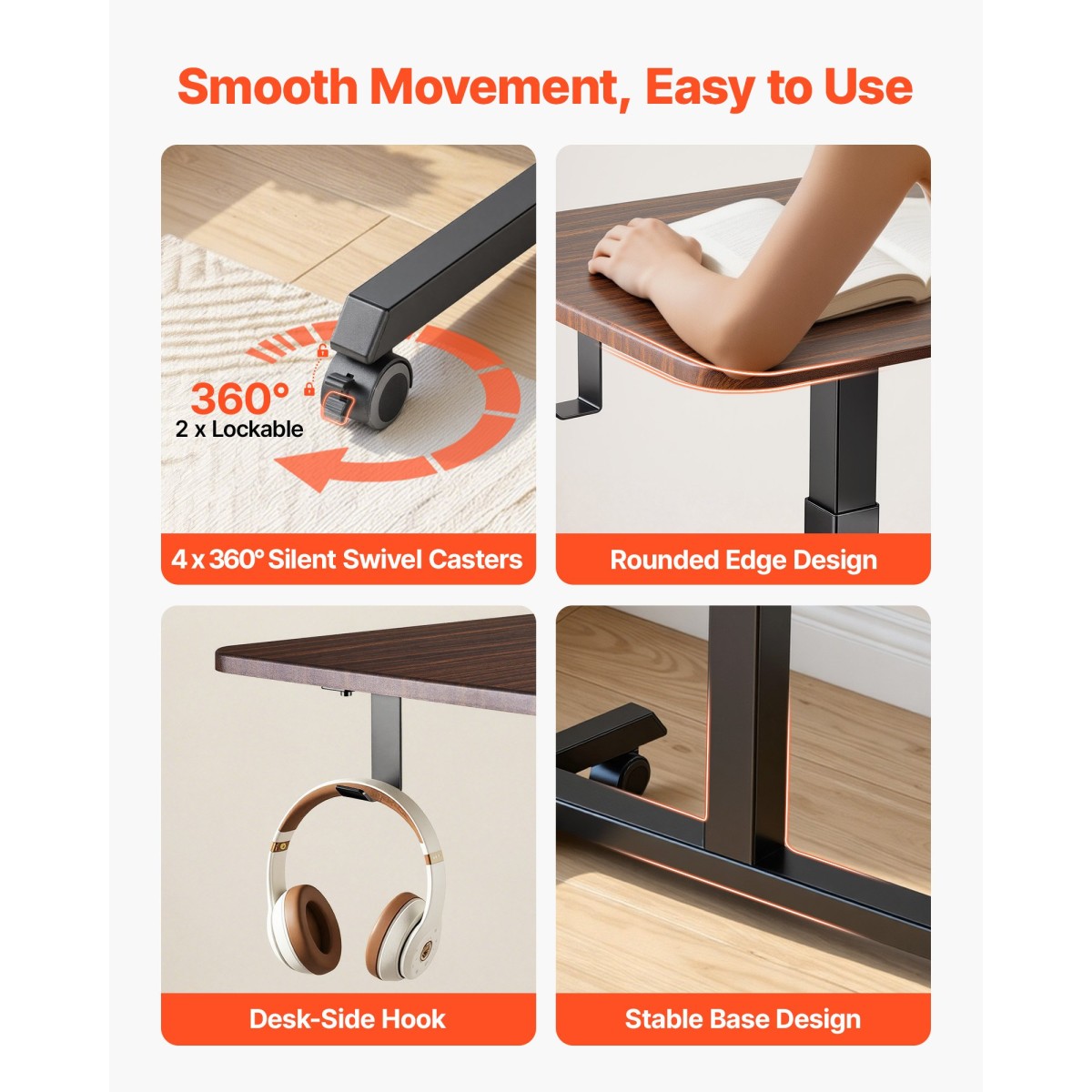 Γραφείο VEVOR Standing Desk, Ρυθμιζόμενο ύψος Κινητό Stand Up Desk με 4 Ροδάκια, 650 x 480 mm Μικρό Σταθμό Εργασίας με Γάντζο, Χωρητικότητα 15 kg, Ιδανικό για οικιακό γραφείο, Καφέ