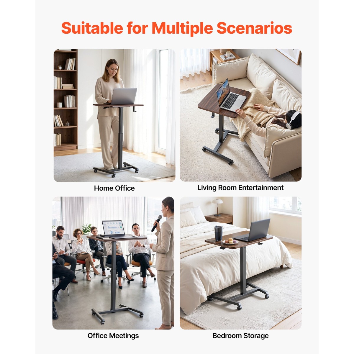 Γραφείο VEVOR Standing Desk, Ρυθμιζόμενο ύψος Κινητό Stand Up Desk με 4 Ροδάκια, 650 x 480 mm Μικρό Σταθμό Εργασίας με Γάντζο, Χωρητικότητα 15 kg, Ιδανικό για οικιακό γραφείο, Καφέ
