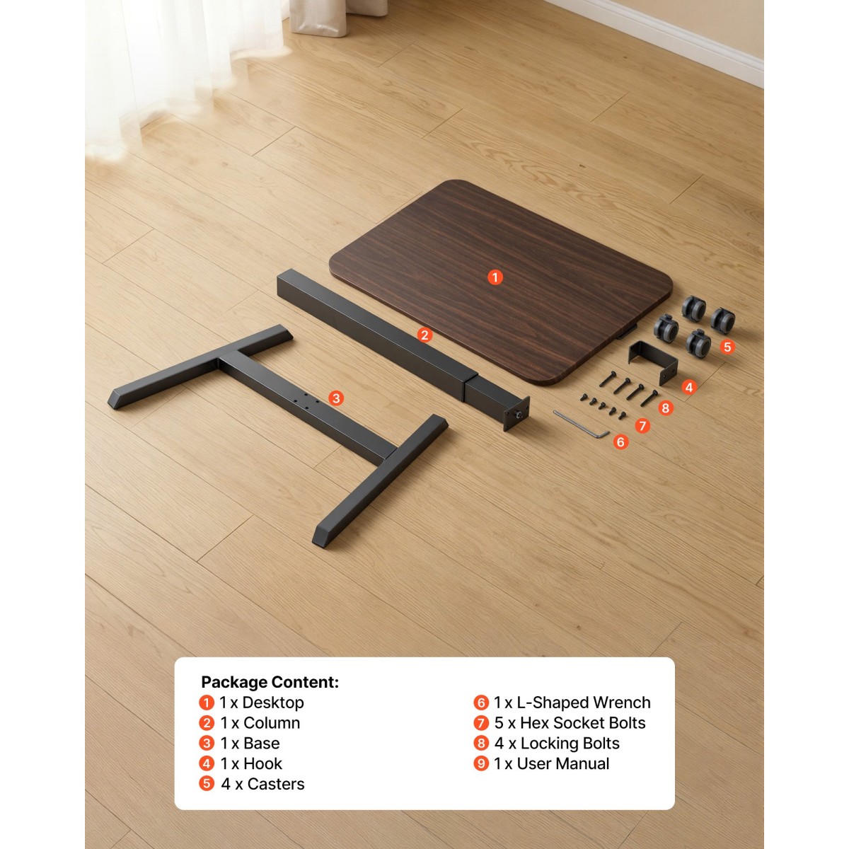 Γραφείο VEVOR Standing Desk, Ρυθμιζόμενο ύψος Κινητό Stand Up Desk με 4 Ροδάκια, 650 x 480 mm Μικρό Σταθμό Εργασίας με Γάντζο, Χωρητικότητα 15 kg, Ιδανικό για οικιακό γραφείο, Καφέ