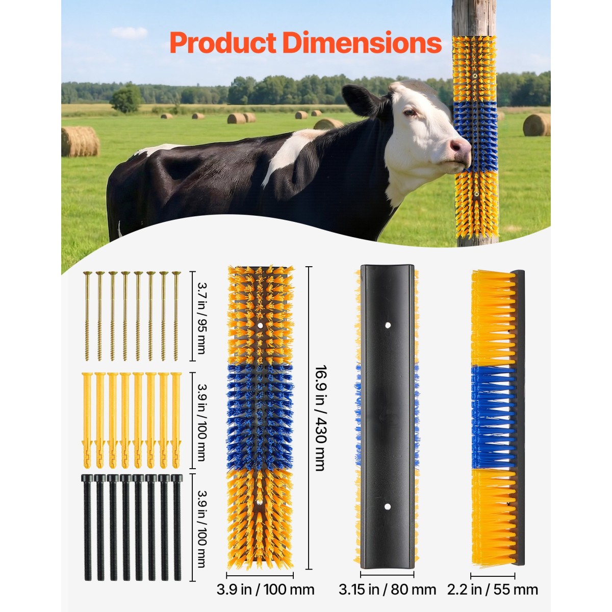 VEVOR Livestock Scratching Brush, 4PCS Goat Scratcher Brush Post με 16 βίδες, 430x100 mm Ξυστό αγελάδας για ανακούφιση από τον κνησμό στην πλάτη, Εργαλείο γρατσουνιάς μασάζ περιποίησης για πρόβατα βοοειδή αλόγου, κίτρινο & μπλε