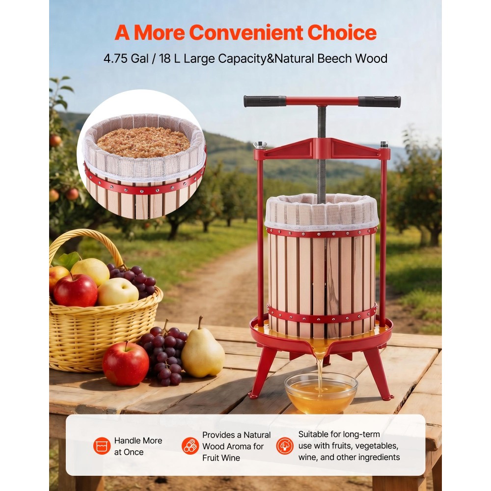 Πρέσα κρασιού VEVOR Fruit, 4,75 Gal/18L Manual Juice Maker, Καλάθι από μασίφ ξύλο οξιάς, Vintage παραδοσιακός αποχυμωτής με 2 σακούλες φίλτρου, βαρέως τύπου λαβή σε σχήμα Τ για πρέσα σταφυλιού μηλίτη μηλίτη, σπίτι κουζίνας