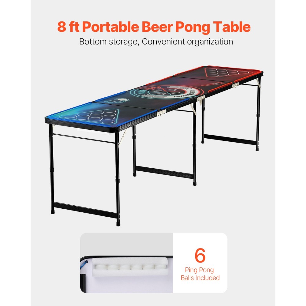 Φορητό τραπέζι Beer Pong VEVOR 2,4 m, Φώτα LED, Πτυσσόμενο τραπέζι πίσω πόρτας με λαβές μεταφοράς και 6 μπάλες πονγκ, ρυθμιζόμενο ύψος, ελαφρύ τραπέζι για γραφείο, πάρτι πίσω πόρτας, ταξίδια και κάμπινγκ