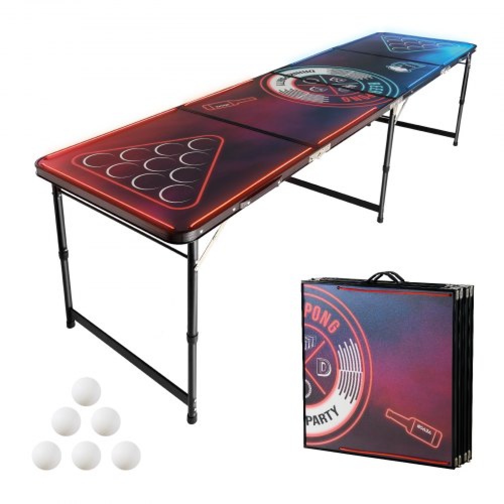 Φορητό τραπέζι Beer Pong VEVOR 2,4 m, Φώτα LED, Πτυσσόμενο τραπέζι πίσω πόρτας με λαβές μεταφοράς και 6 μπάλες πονγκ, ρυθμιζόμενο ύψος, ελαφρύ τραπέζι για γραφείο, πάρτι πίσω πόρτας, ταξίδια και κάμπινγκ
