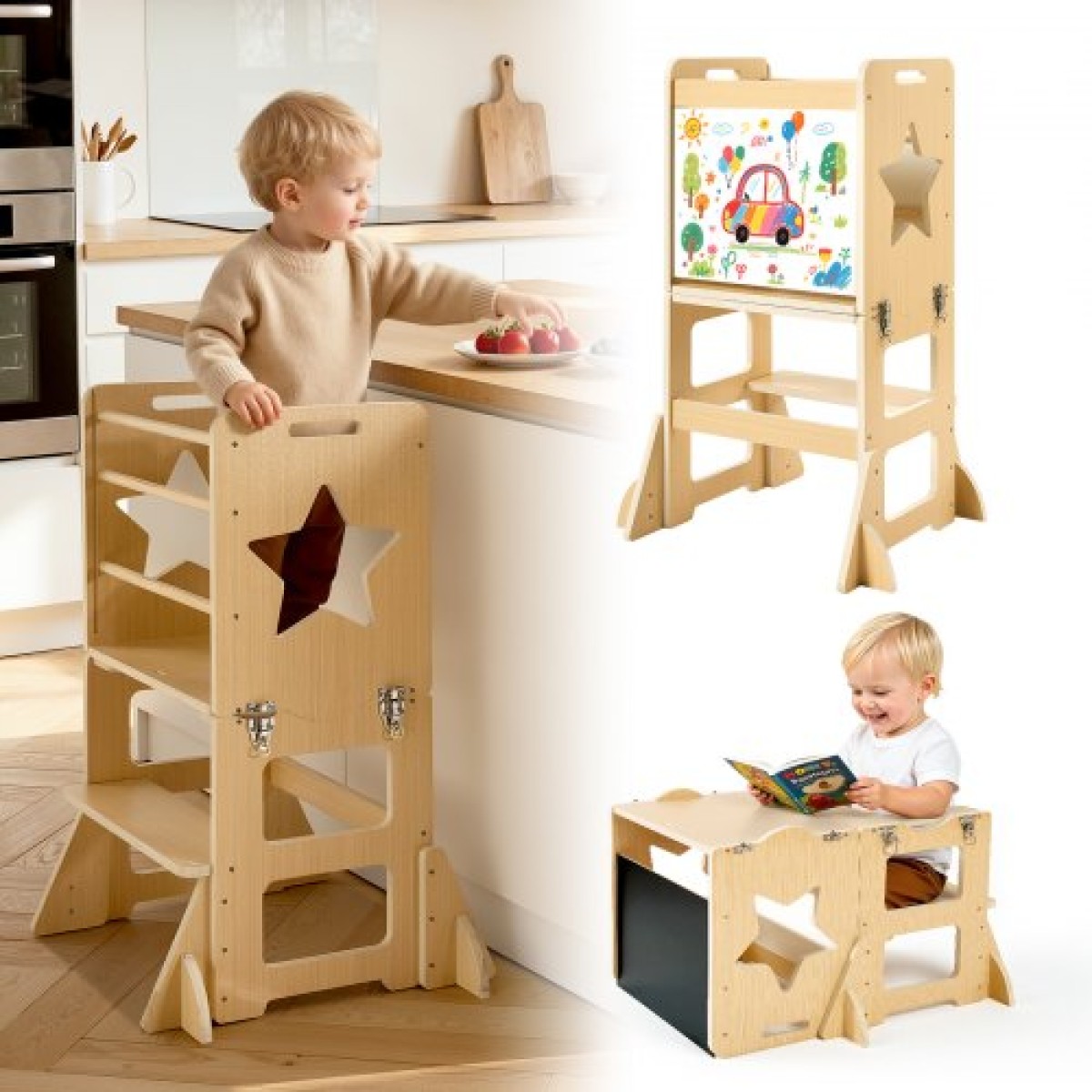 VEVOR Toddler Tower, Ξύλινο, 4 σε 1 Σκαμπό κουζίνας για παιδιά 1-5, Σετ τραπεζιού και καρέκλας απογαλακτισμού Montessori, Learning Standing Tower με Μαυροπίνακα, Εύκολο στο καθάρισμα, για πάγκο μπάνιου και κουζίνας