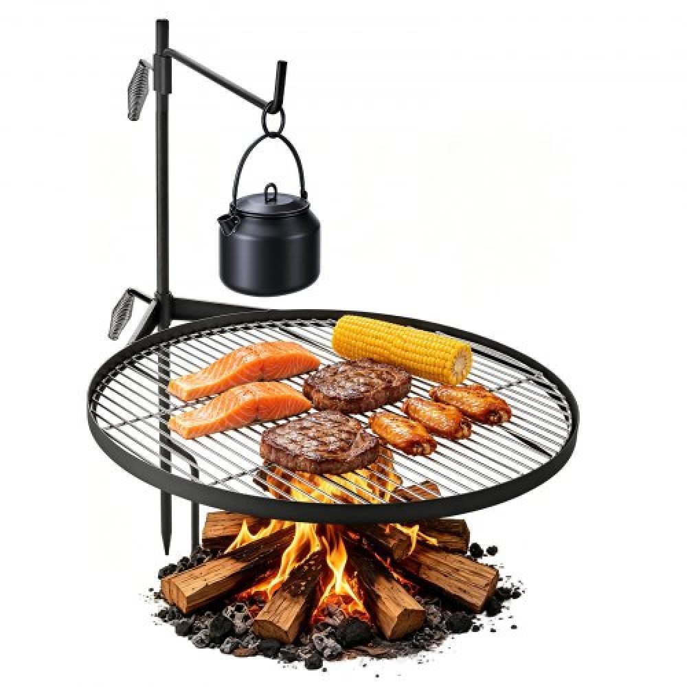 VEVOR Heavy Duty Swivel Campfire Grill, 62cm στρογγυλή φορητή σχάρα για κάμπινγκ, στιβαρό ατσάλι BBQ πλέγμα, ρυθμιζόμενο ύψος 360° πάνω από λάκκο φωτιάς με ράβδο στήριξης, για μαγείρεμα σε ανοιχτή φλόγα σε εξωτερικό χώρο, μαύρο