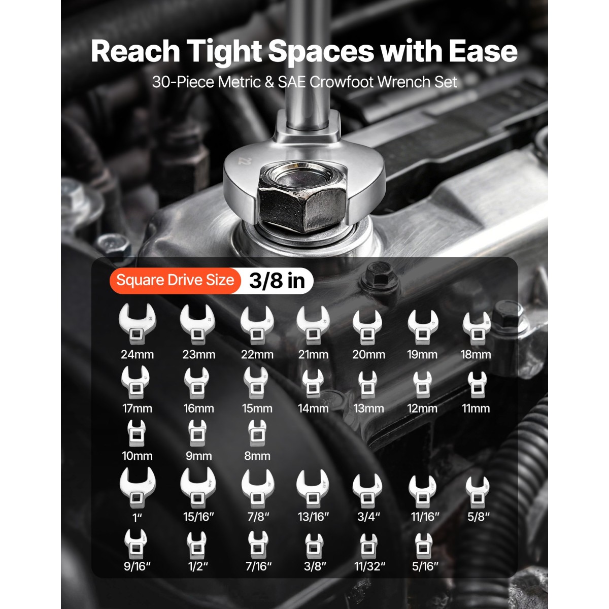 VEVOR Crowfoot Wrench Set, 3/8" Drive, 30-Piece Metric and SAE Size Crows Foot Wrenches, Cr-Mo Alloy Steel, με θήκη αποθήκευσης, σήμανση διπλού μεγέθους σε εργαλεία και θήκη, για αυτόματη συντήρηση ή επισκευή