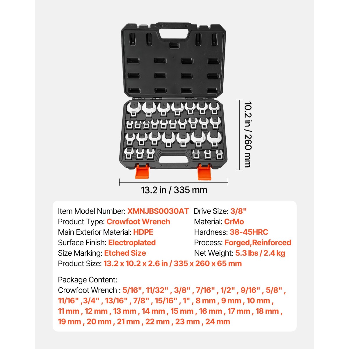 VEVOR Crowfoot Wrench Set, 3/8" Drive, 30-Piece Metric and SAE Size Crows Foot Wrenches, Cr-Mo Alloy Steel, με θήκη αποθήκευσης, σήμανση διπλού μεγέθους σε εργαλεία και θήκη, για αυτόματη συντήρηση ή επισκευή
