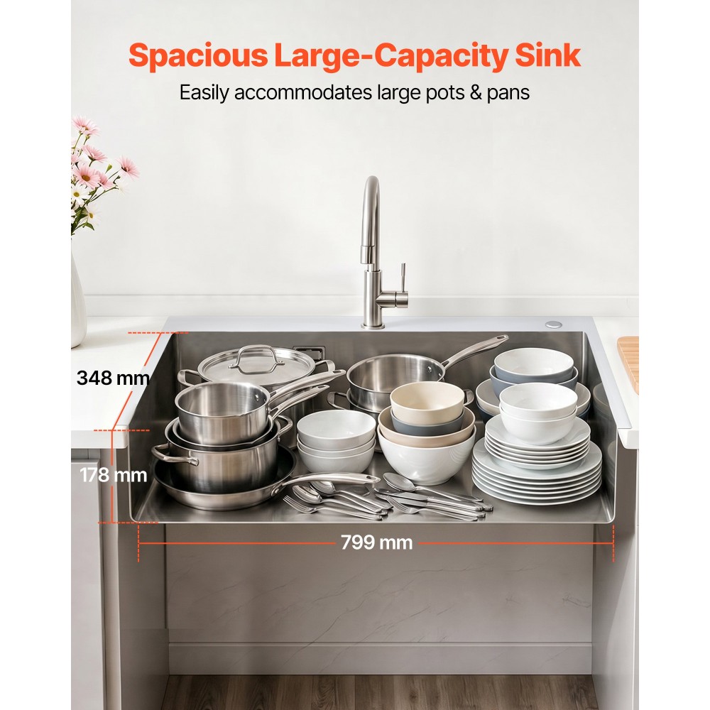 VEVOR 85cm Kitchen Top Mount Single Bowl Νεροχύτες, Ανοξείδωτο ατσάλι νιπτήρας αγροικίας με αξεσουάρ, νεροχύτες οικιακού πλυντηρίου πιάτων για RV, Prep Kitchen, Laundry Room, Bar