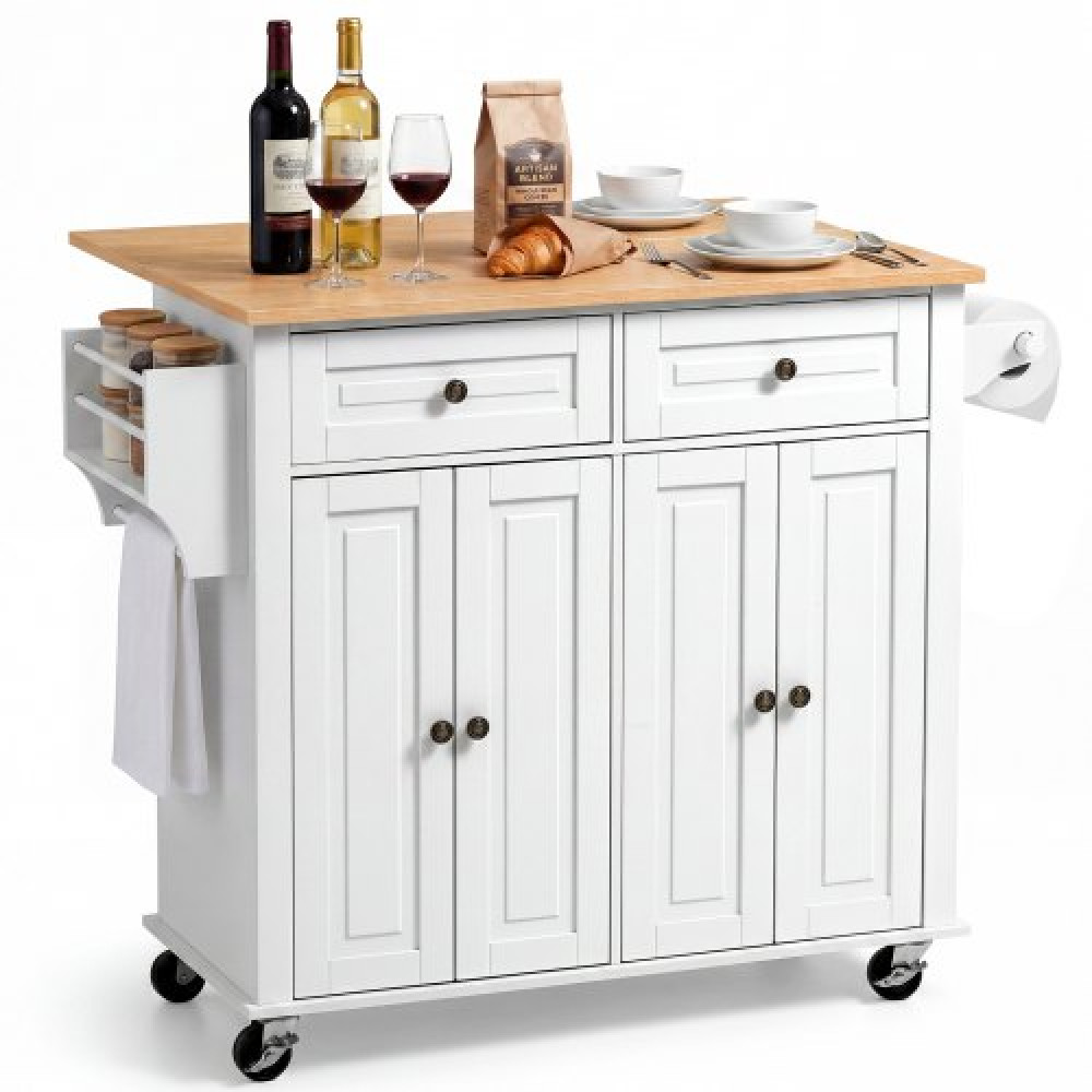VEVOR Kitchen Island Cart με αποθηκευτικό χώρο, πλάτος 1107 mm Mobile Rolling Storage Island σε περιστρεφόμενους τροχούς, με 2 συρτάρια, ντουλάπι αποθήκευσης, σταγονόφυλλο, ράφι μπαχαρικών/πετσετών, τραπέζι για τραπεζαρία στο σπίτι, λευκό