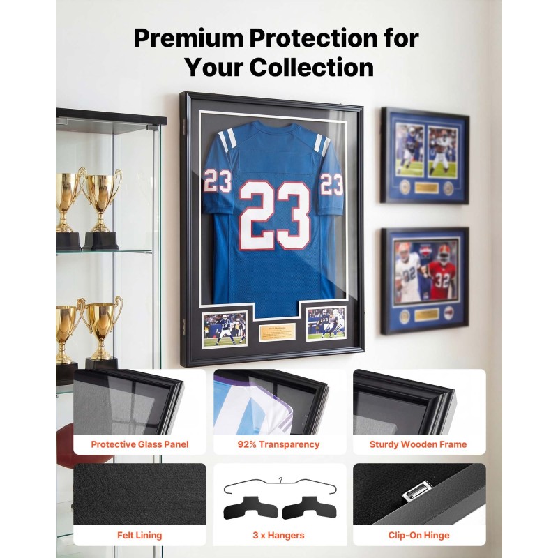 Θήκη οθόνης VEVOR Jersey Frame, 92,5 x 71,8 x 4 cm, Ξύλινο Sport Jersey Shadow Box με 98% προστασία από την υπεριώδη ακτινοβολία για υπολογιστή και κρεμάστρα, μαγνητική κλειδαριά, για μπάσκετ μπάσκετ μπάσκετ πουκάμισο χόκεϊ