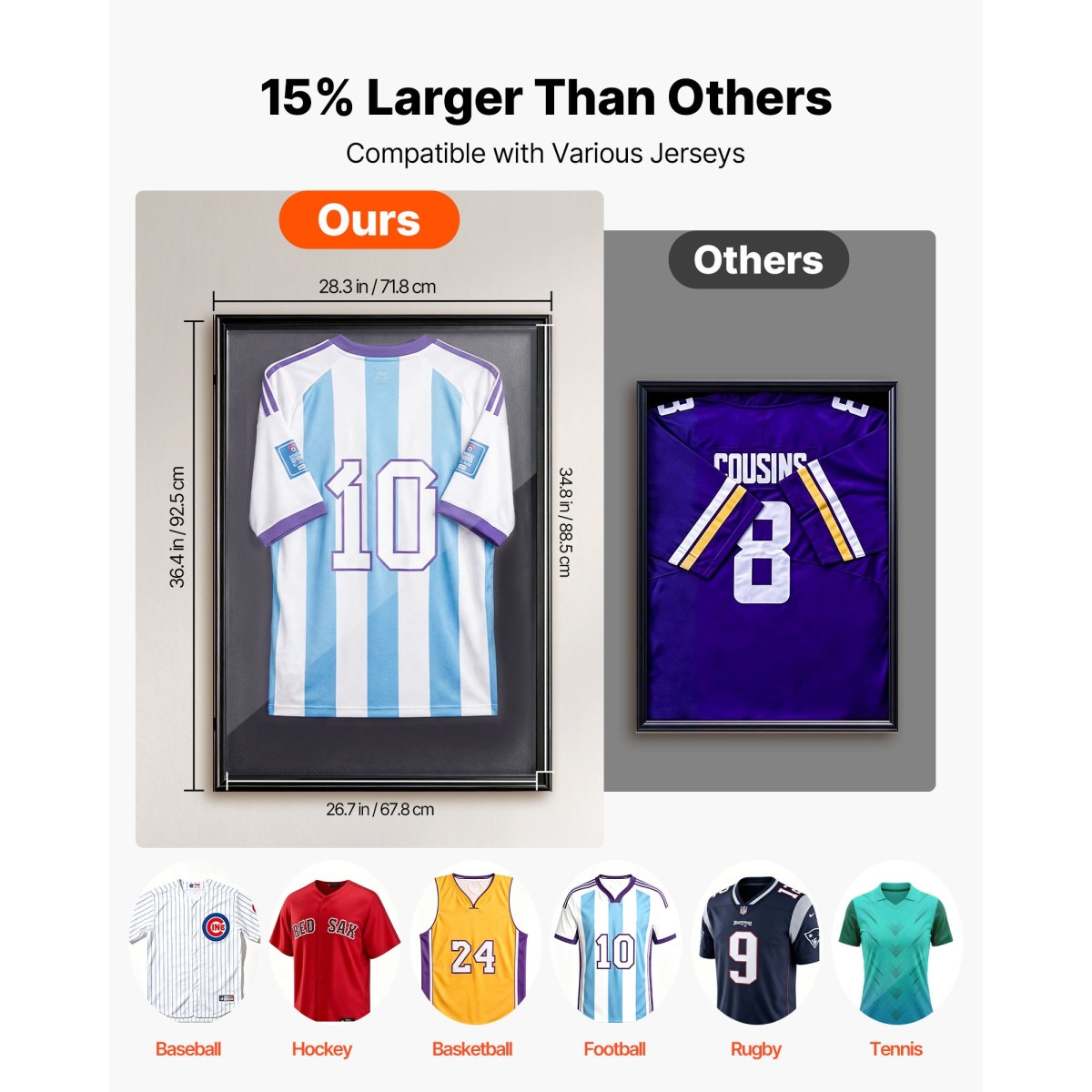 Θήκη οθόνης VEVOR Jersey Frame, 92,5 x 71,8 x 4 cm, Ξύλινο Sport Jersey Shadow Box με 98% προστασία από την υπεριώδη ακτινοβολία για υπολογιστή και κρεμάστρα, μαγνητική κλειδαριά, για μπάσκετ μπάσκετ μπάσκετ πουκάμισο χόκεϊ