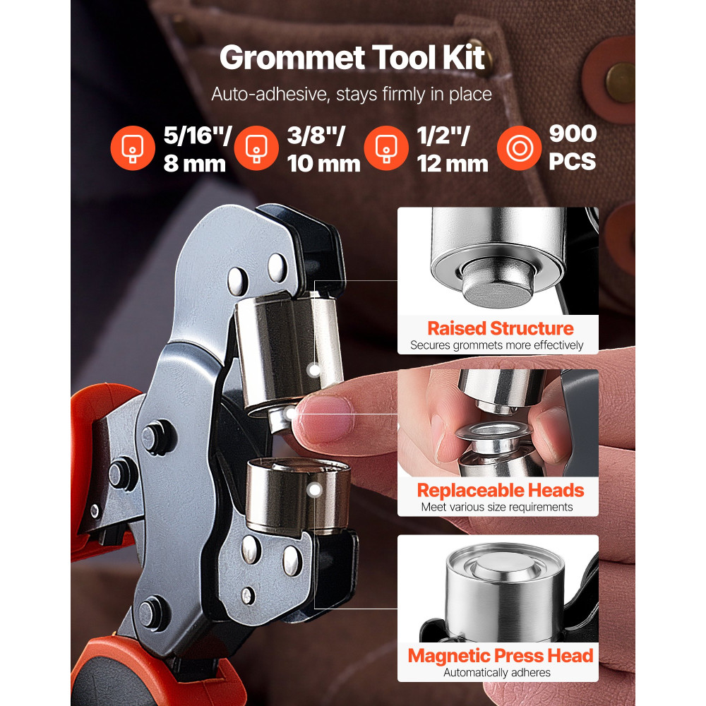 VEVOR Grommet Tool Kit 8 mm 10 mm 12 mm 900 PCS Grommet Eyelet Tool Kit, με οπές και ροδέλες, χειροκίνητη πένσα πρέσας, εργαλεία διάτρησης οπών, μπλοκ, για δέρμα, μουσαμάδες, παπούτσια, χειροτεχνία, ύφασμα
