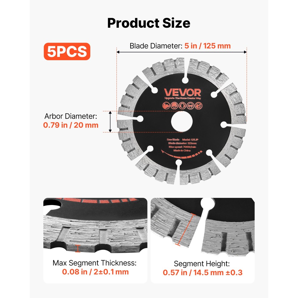 Λεπίδες διαμαντιών VEVOR 125 mm, Λεπίδα κοπής 5-pack Wall Chaser Saw, Arbor 20 mm, Διαμαντένια τμήματα υψηλής σκληρότητας, Πυρήνας χάλυβα 65Mn, Ξηρή υγρή κοπή, Καθαρές άκρες για τσιμέντο από τσιμέντο από τούβλα