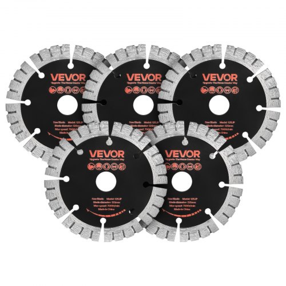 Λεπίδες διαμαντιών VEVOR 125 mm, Λεπίδα κοπής 5-pack Wall Chaser Saw, Arbor 20 mm, Διαμαντένια τμήματα υψηλής σκληρότητας, Πυρήνας χάλυβα 65Mn, Ξηρή υγρή κοπή, Καθαρές άκρες για τσιμέντο από τσιμέντο από τούβλα