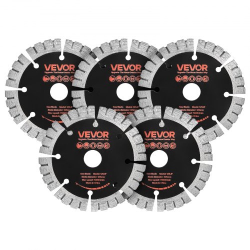 Λεπίδες διαμαντιών VEVOR 125 mm, Λεπίδα κοπής 5-pack Wall Chaser Saw, Arbor 20 mm, Διαμαντένια τμήματα υψηλής σκληρότητας, Πυρήνας χάλυβα 65Mn, Ξηρή υγρή κοπή, Καθαρές άκρες για τσιμέντο από τσιμέντο από τούβλα