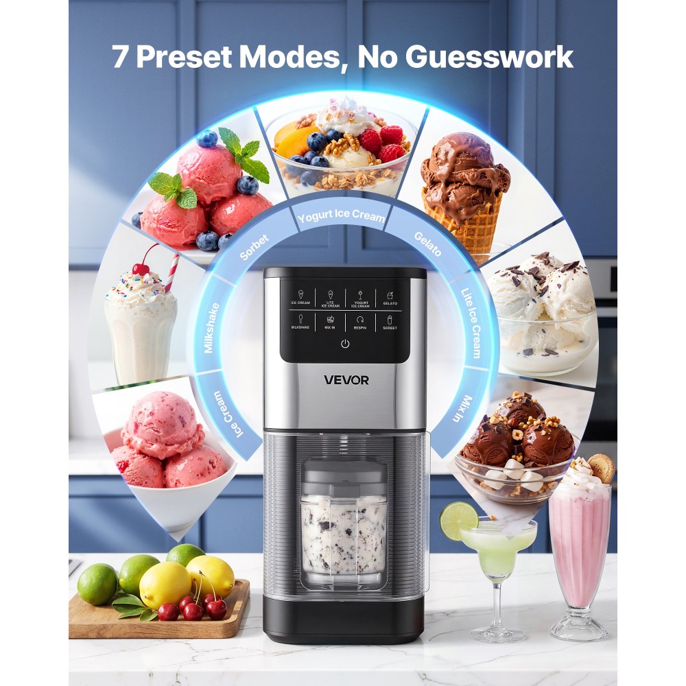 Ice Cream Maker VEVOR, 7-σε-1 Frozen Treat Maker για Gelato, Sorbet, Milkshake, Frozen Yogurt & Lite Ice Cream, Σπιτική παγωτομηχανή με ανάμειξη με ένα άγγιγμα + Respin για λεία, κρεμώδη υφή