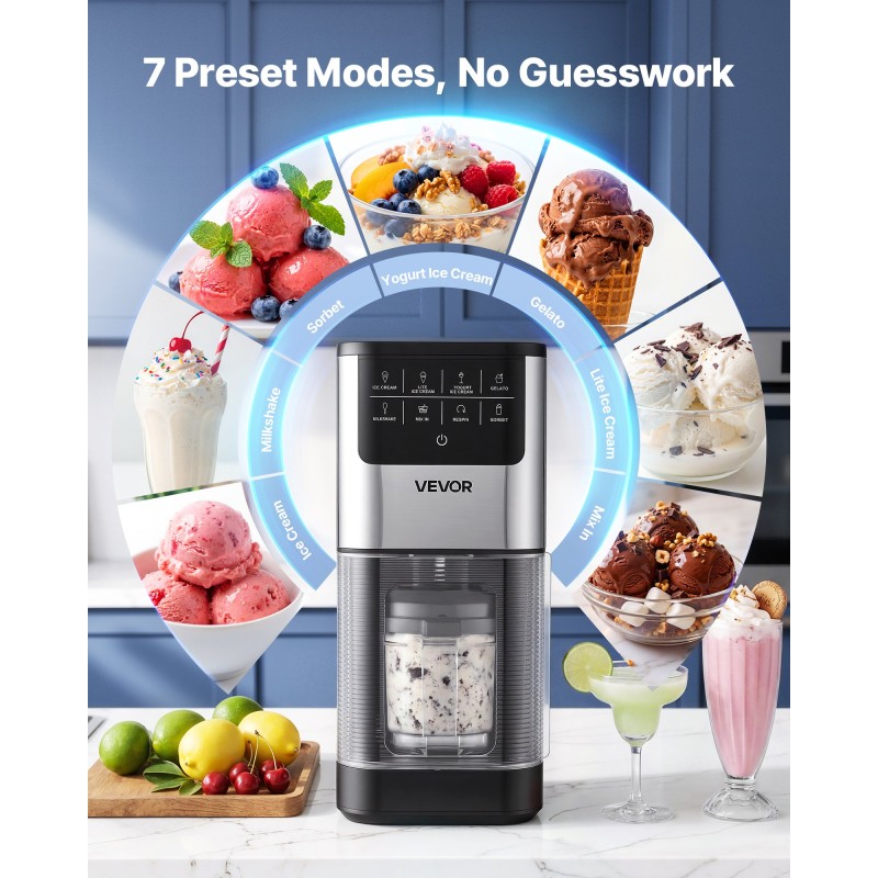 Ice Cream Maker VEVOR, 7-σε-1 Frozen Treat Maker για Gelato, Sorbet, Milkshake, Frozen Yogurt & Lite Ice Cream, Σπιτική παγωτομηχανή με ανάμειξη με ένα άγγιγμα + Respin για λεία, κρεμώδη υφή